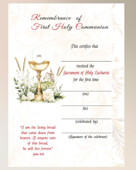 Holy Communion Certificate CTH-3- Pack 100